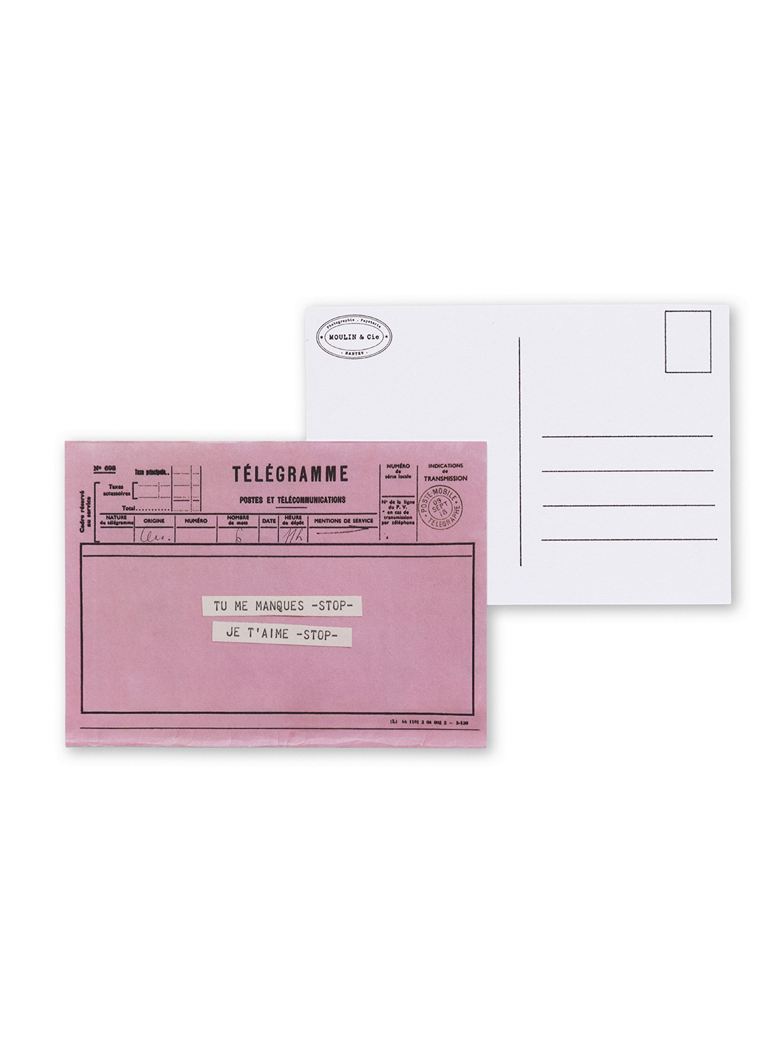carte postale télégramme rose pour dire je t'aime tu me manques
