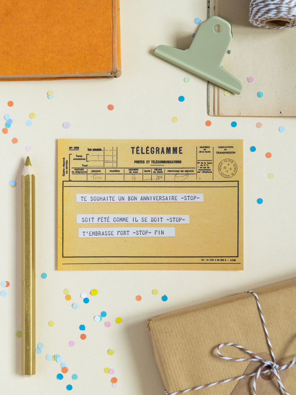 carte postale télégramme jaune pour souhaiter un bon anniversaire