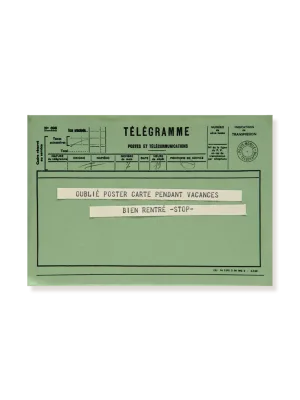 carte postale télégramme vert. message : oublié envoyer carte pendant vacances bien rentré