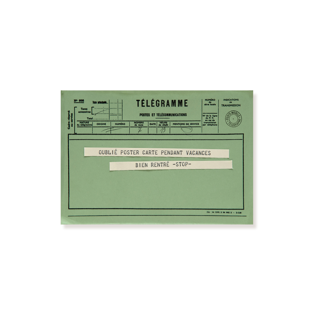 carte postale télégramme vert. message : oublié envoyer carte pendant vacances bien rentré