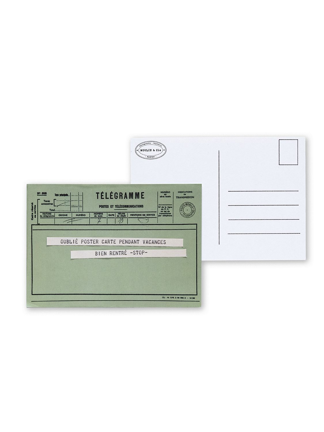 carte postale télégramme vert. message : oublié envoyer carte pendant vacances bien rentré