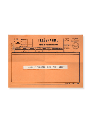 carte postale télégramme orange pour dire oubli culotte chez toi. humour