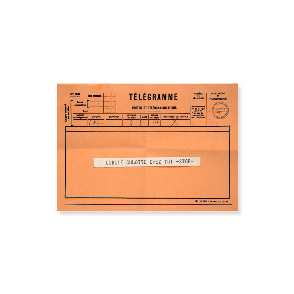 carte postale télégramme orange pour dire oubli culotte chez toi. humour
