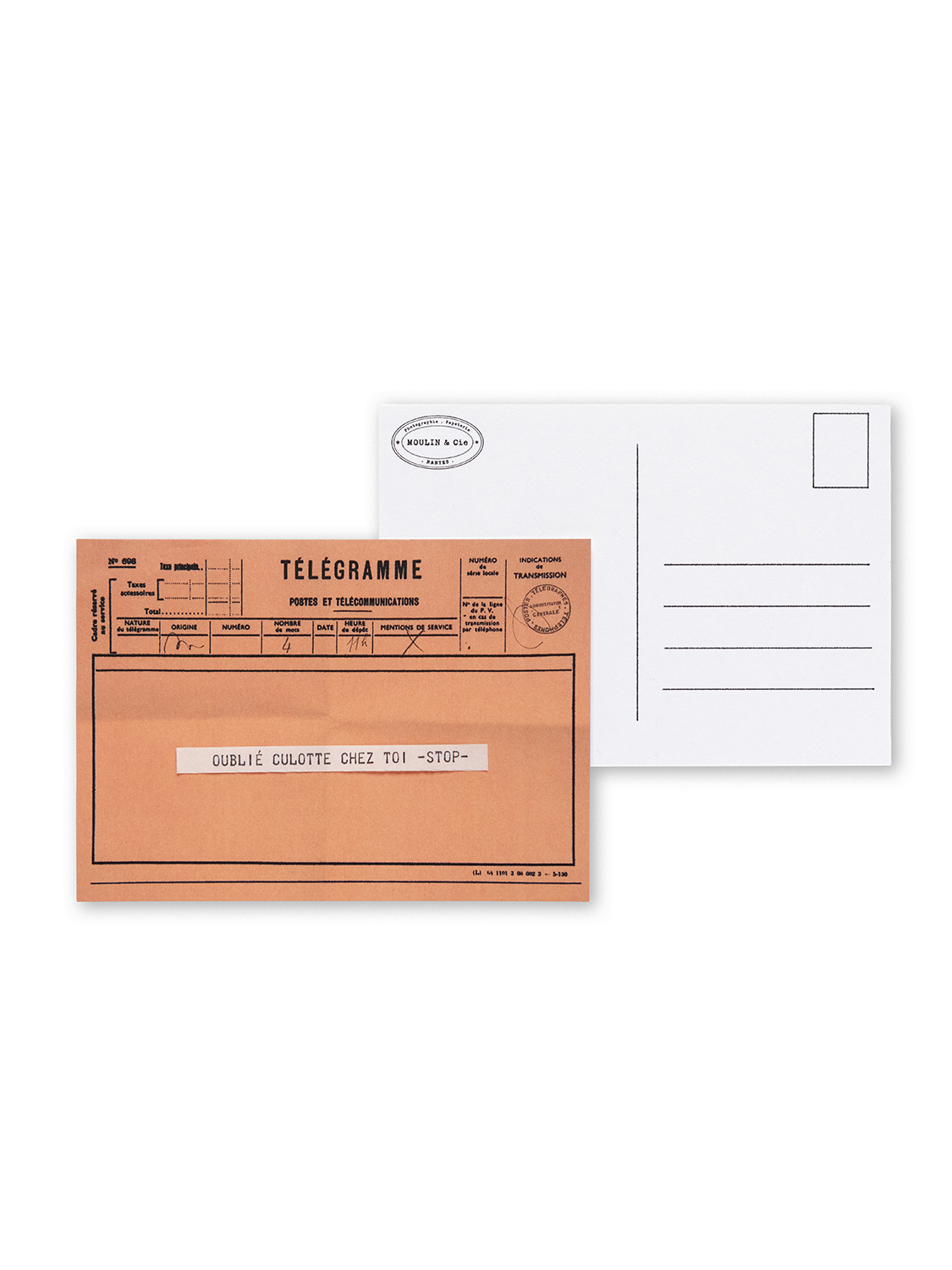 carte postale télégramme orange pour dire oubli culotte chez toi. humour