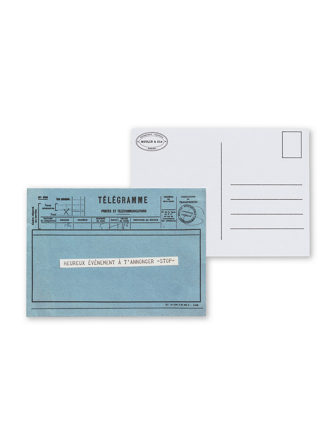 carte postale télégramme bleu pour annoncer un heureux évènement