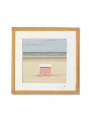 tirage photo petit format encadré à la main représentant une cabane rose sur la plage de berck