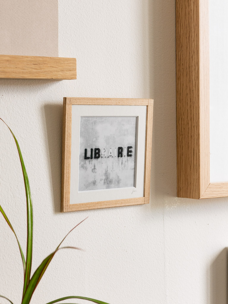 tirage photo petit format encadré à la main représentant le mot librairie écrit sur un mur avec lettres manquantes formant le mot libre