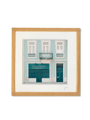 tirage photo petit format encadré à la main représentant une façade d'une maison bleue verte de Porto