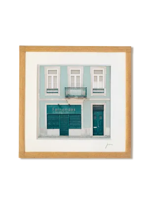tirage photo petit format encadré à la main représentant une façade d'une maison bleue verte de Porto