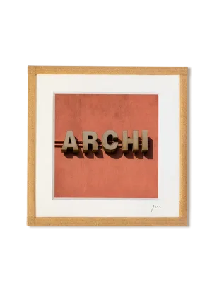 tirage photo petit format encadré à la main représentant le mot ARCHI sur mur orange