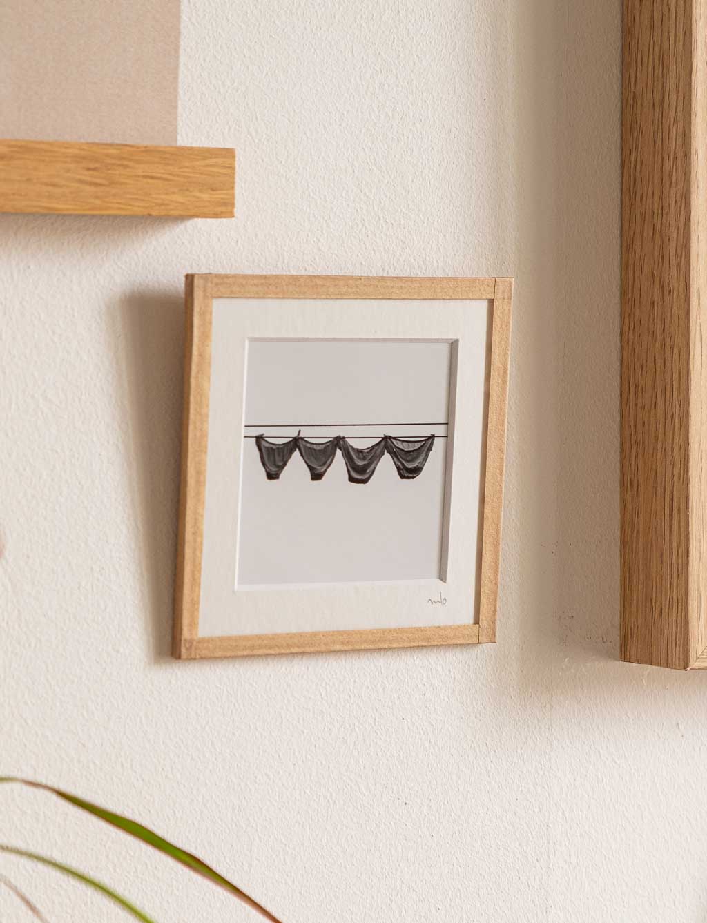tirage photo petit format encadré à la main représentant des culottes qui sèchent sur un fil devant un mur blanc