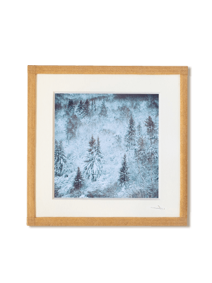 tirage photo petit format encadré à la main représentant une forêt de sapin sous la neige