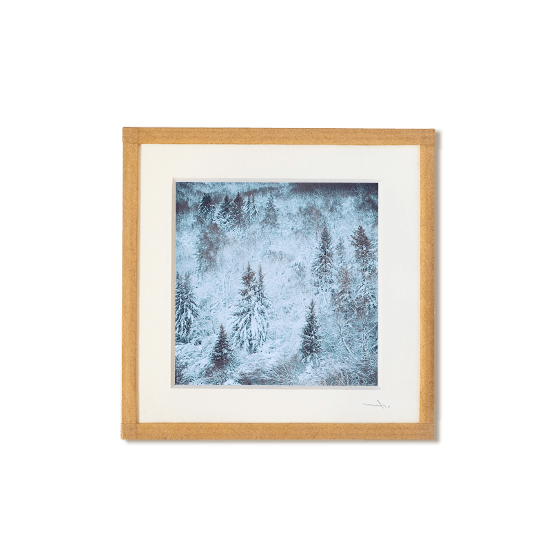 tirage photo petit format encadré à la main représentant une forêt de sapin sous la neige
