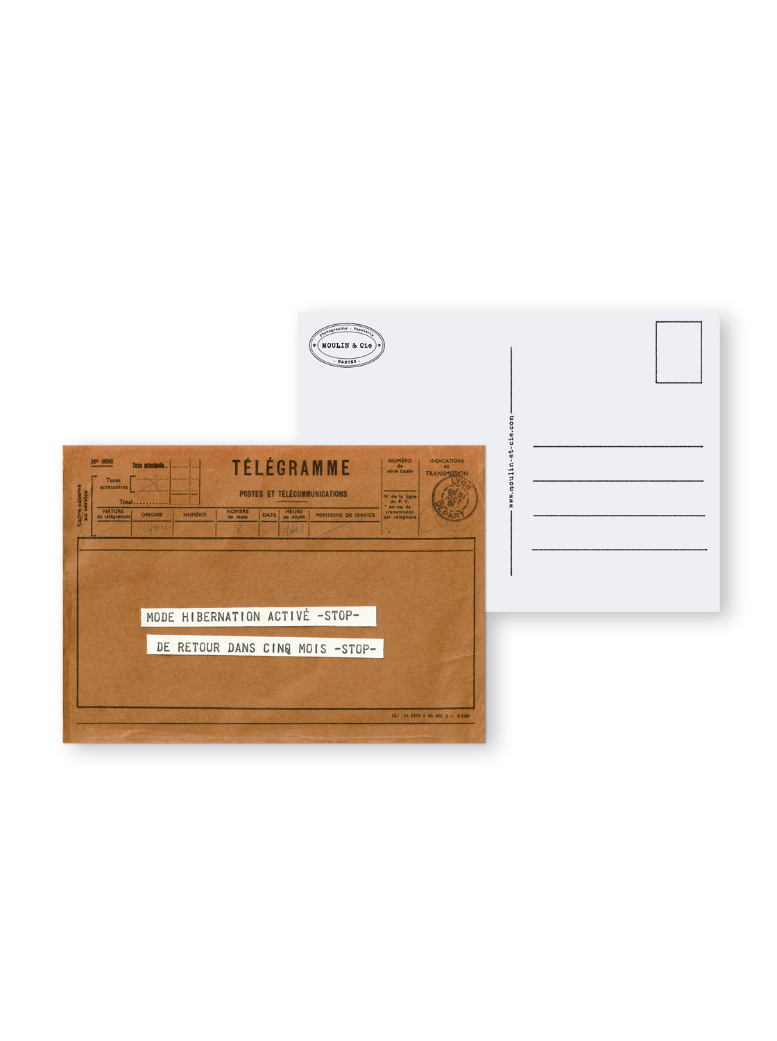 carte postale recto verso télégramme marron thématique hibernation cocooning