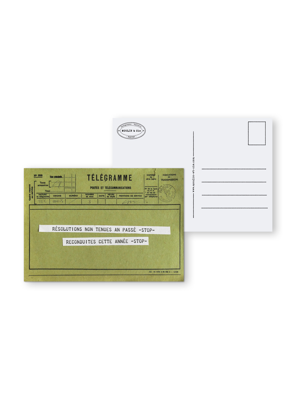 carte postale recto verso télégramme vert kaki thématique bonne année résolutions